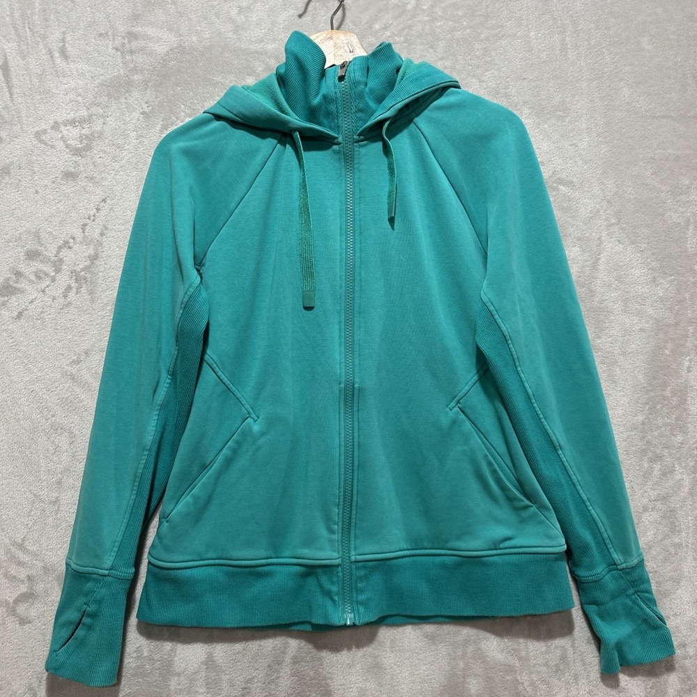 Athleta Womens Green Zip Up Hoodie Jacket Size Medium Full Zip Thumbhole Hooded